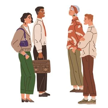 Waiting line, people queuing. The queue men and women was winding around corner Illustrazione stock