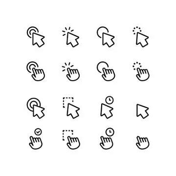 Waiting, loading icons set. Click icon. Pointing, hands, pressing, cursor arr Stock Illustration