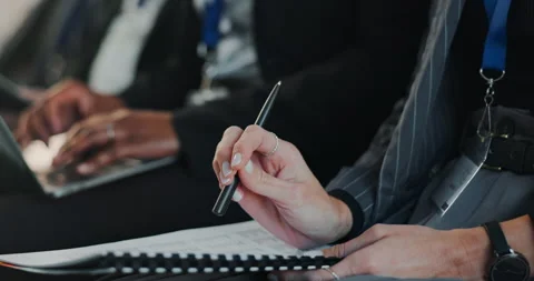 Waiting, notes and hands of business people at seminar with public relations Stock Footage 282506162
