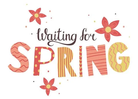 Waiting for spring lettering. Vector handwritten typography. Colored curves d Stock Illustration