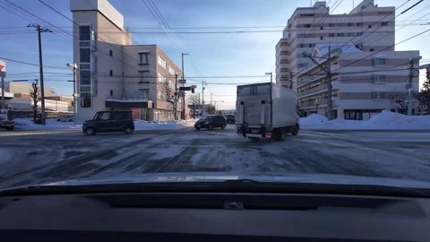 Waiting Turn Right Snowy Intersection Traffic Asahikawa Japan Stock Footage 333313911
