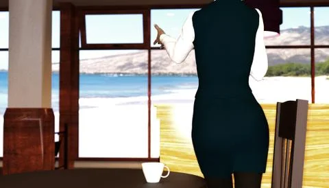 Waitress at a cafe on the beach Stock Illustration
