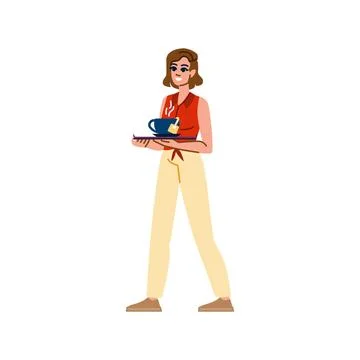 Waitress carrying hot tea on tray in restaurant or cafe Stock Illustration