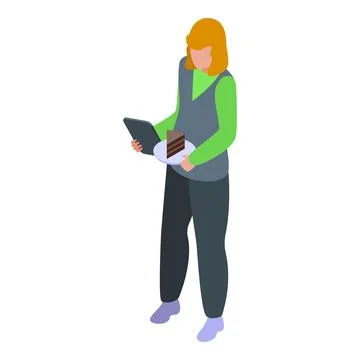 Waitress holding tablet and cake slice, restaurant service technology Stock Illustration