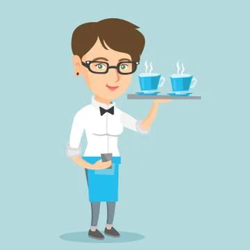 Waitress holding tray with cups of coffeee or tea. Stock Illustration