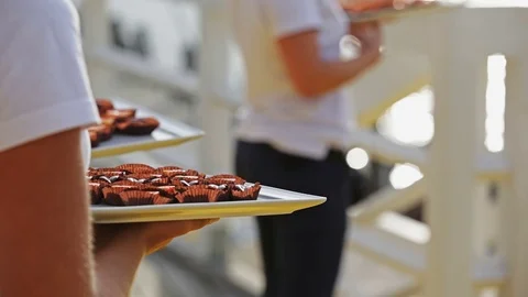 Waitress holding a tray of snacks Stock Footage 69959938
