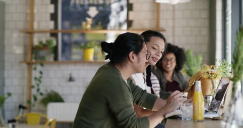 Waitress, laptop and team with people in cafe for remote work, restaurant Stock Footage 345809656