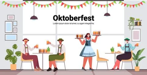 Waitress in mask serving beer for men in bar Oktoberfest party celebration Stock Illustration
