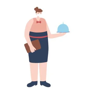Waitress with platter work essential during covid 19, character worker isolated Stock Illustration