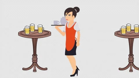 A waitress serves drinks in a pub with beer tables. Waitress animation. Cartoon 動画素材 345021380