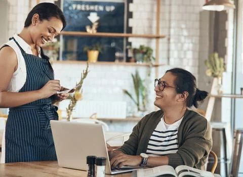 Waitress, serving and man at cafe with notepad, customer order and menu opt.. Stock Photos