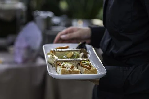 Waitress serving appetizers tasting tray Stock Photos