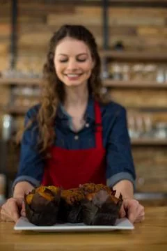 Waitress serving a cup cake at counter Stock Photos