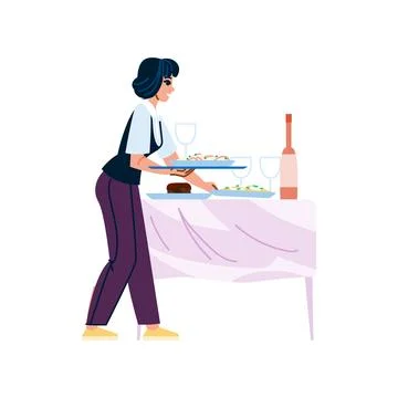 Waitress serving food and drinks at restaurant table Stock Illustration