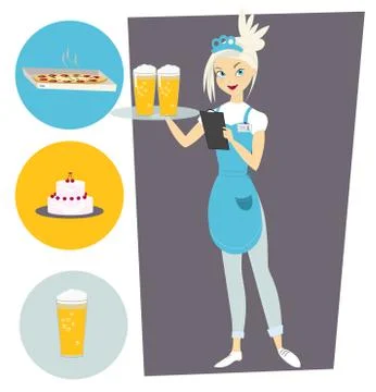 Waitress with a tray and a beer. Set with objects Stock Illustration