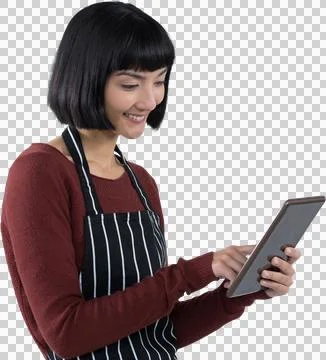 Waitress using digital tablet against white background Stock Photos
