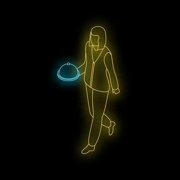 Waitress walking with covered dish in neon light style Stock Illustration