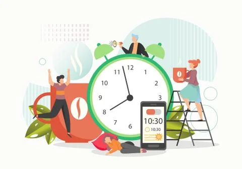 Wake up alarm clock, tiny characters sleeping, awaking, drinking coffee, vector Stock Illustration