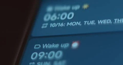Wake up alarm set at 9 AM for weekend and 6 AM for working days Stock Footage 322620852