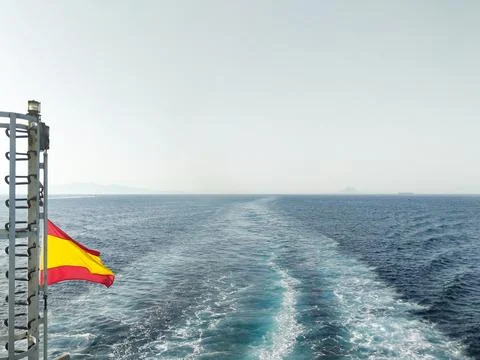 Wake behind the ship on the crossing between Ceuta and Algeciras in the Strait Stock Photos