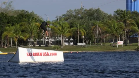 Wake Boarder Jumping Ramp Stock Footage 200849173