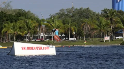 Wake Boarder Jumping Ramp Stock Footage 200849174