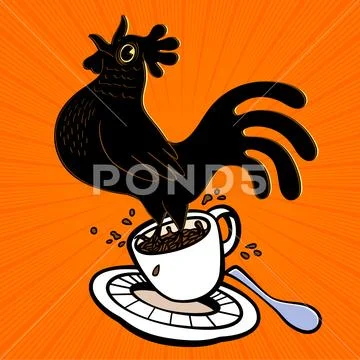 Wake up! Energetic espresso cartoon rooster springing from coffee cup Stock Illustration