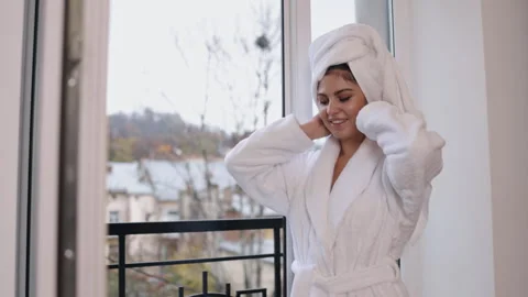 Wake up, Thoughts daydreaming, Window bathrobe. Stock Footage 288981997