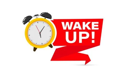 Wake up time badge. Alarm clock with banner Wake up. Morning time. イラスト素材