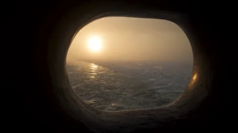 Wake of vessel through clews. Trace from large ship. Arctic landscape with sun Stock Footage 270774219