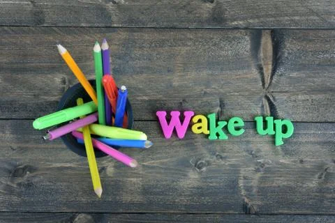 Wake up on wooden table Stock-Fotos