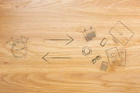 Wake up, work, repeat: alarm next to office objects with double arrows Stock Illustration