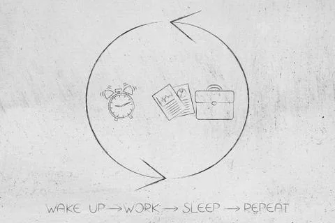 Wake up work sleep repeat alarm and documents with repeat sign around it Stock Illustration
