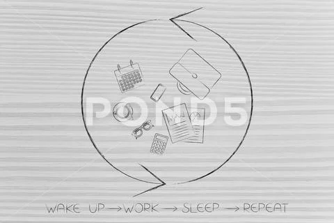 Wake up work sleep repeat office objects with repeat sign around it Stock Illustration