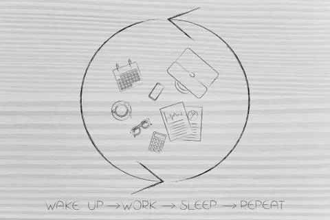 Wake up work sleep repeat office objects with repeat sign around it Stock Illustration
