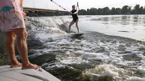 Wakeboarder trains on the river. Video stock 281858388