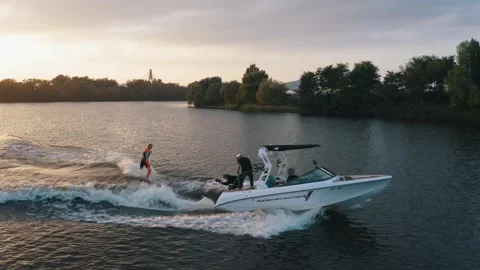 Wakesurfer rides in the river Stock Footage 255621430