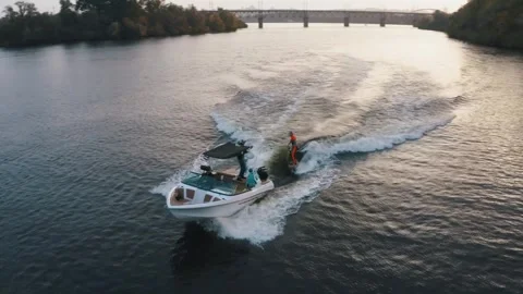 Wakesurfer rides in the river Stock Footage 255621434