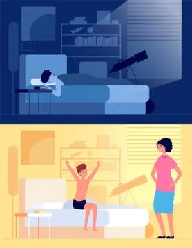Waking up child. Kid sitting on bed in bedroom, mom and son at early morning Stock Illustration