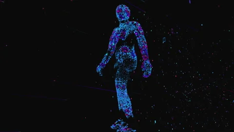 Walcking Cube man and particles flying around Stock Footage 234357415