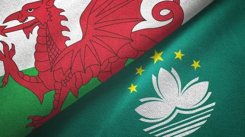 Wales and Macau two flags textile cloth, fabric texture Stock Illustration