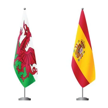 Wales and Spain flags on flagpoles for official ceremonies and meetings Stock Illustration