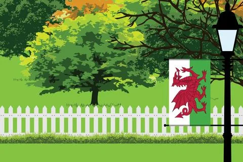 Wales Day Trees Lamp Vector Illustration Stock Illustration