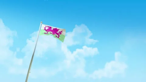 Wales Flag 3D Render Animation with Fighter Jets Formation in Blue Sky Vídeo Stock 332313903