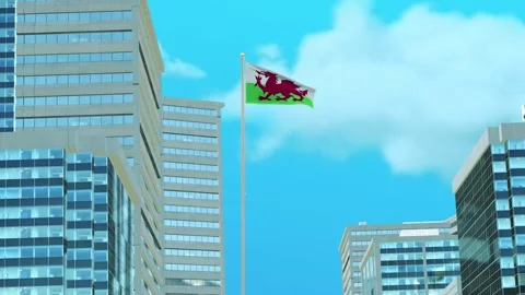 Wales Flag 3D Render Animation with Urban Architecture and Clear Blue Sky Stock-Footage 332945951