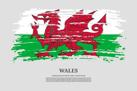 Wales flag with brush stroke effect and information text poster, vector Illustrazione stock