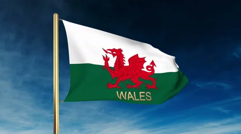 Wales flag slider style with title. Waving in the wind with cloud background Stock-Footage 48337005