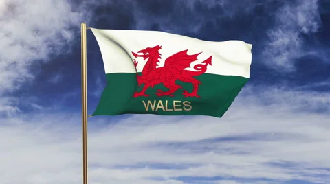 Wales flag with title waving in the wind. Looping sun rises style.  Animation Video stock 48337218