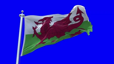 Wales Flag Waving in Loopable and Textured green screen background Stock Footage 296876026