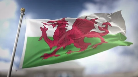 Wales Flag Waving Slow Motion 3D Rendering Blue Sky Background - Seamless L.. Stock Footage 75647301